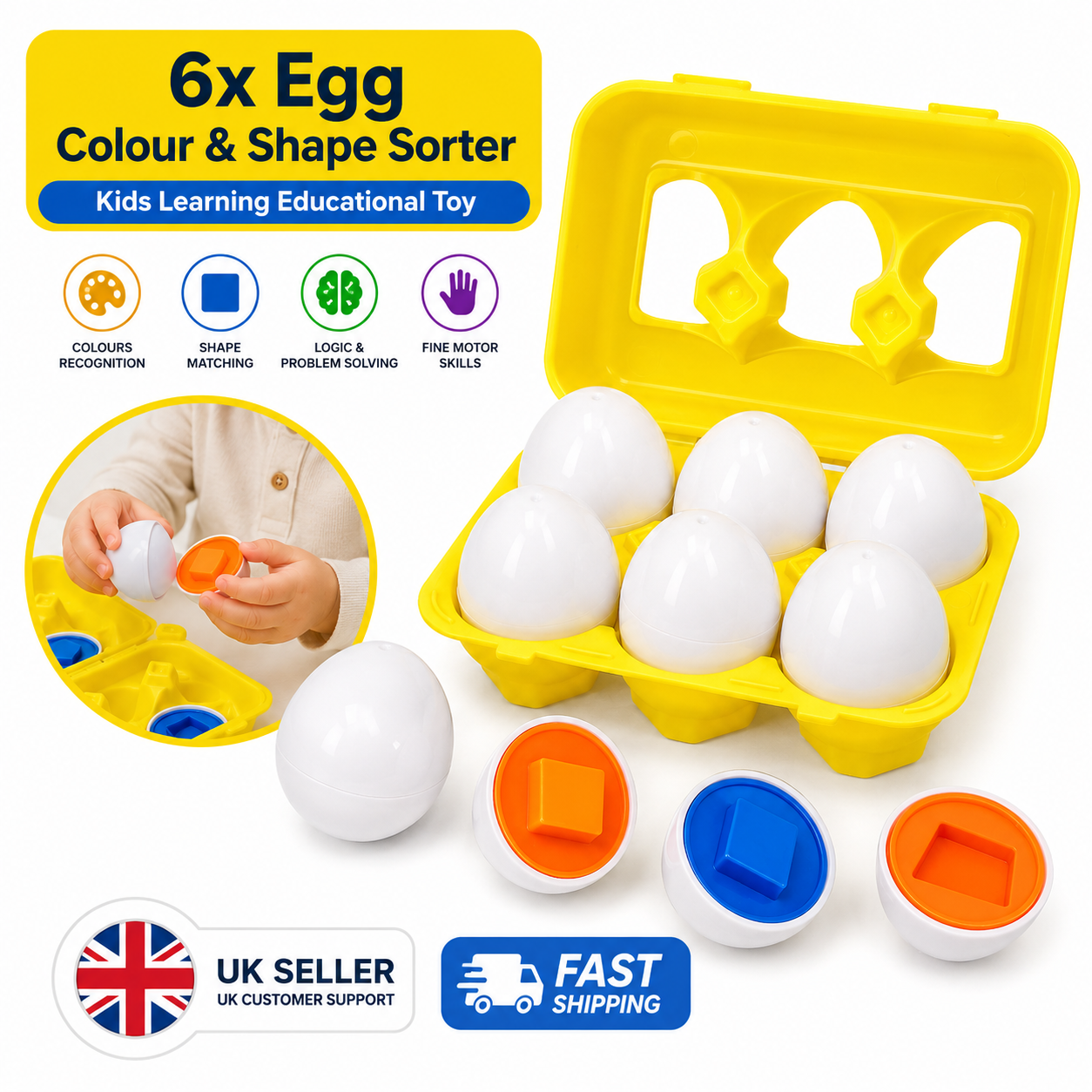6 Egg Colour & Shape Sorting Educational Toy | Montessori Matching Eggs Learning Set for Toddlers