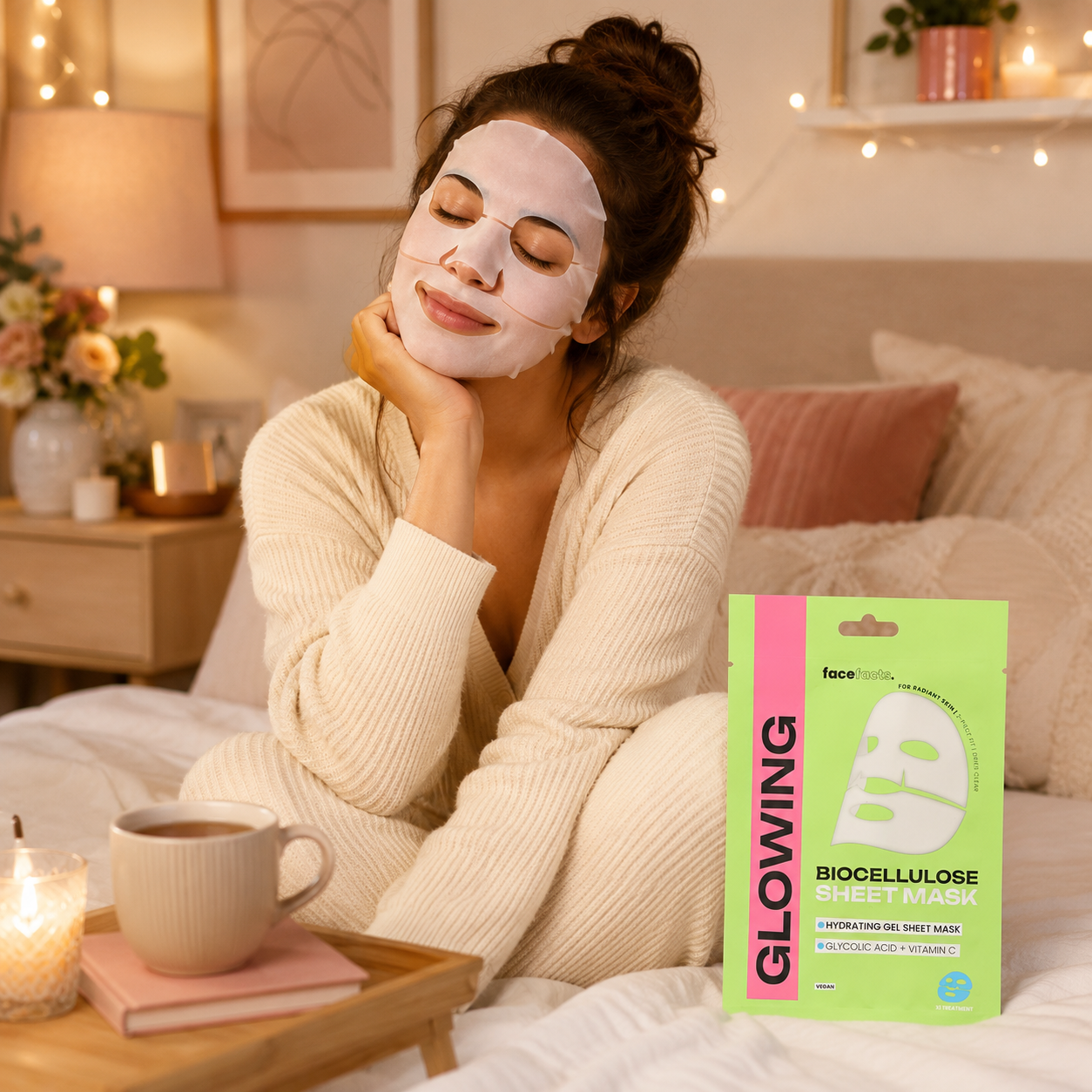 Glowing Biocellulose Sheet Mask – Hydrating Face Mask with Glycolic Acid & Vitamin C