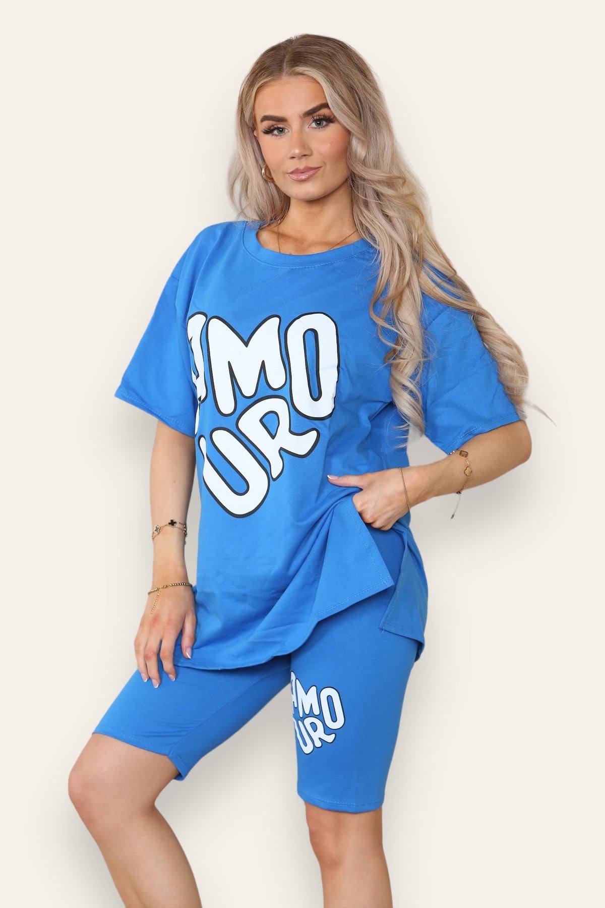 Amour Side Slit Cycling Short and T-Shirts Co-Ord Two Piece Set with Front Amour Slogan