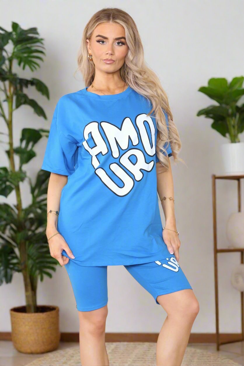 Amour Side Slit Cycling Short and T-Shirts Co-Ord Two Piece Set with Front Amour Slogan