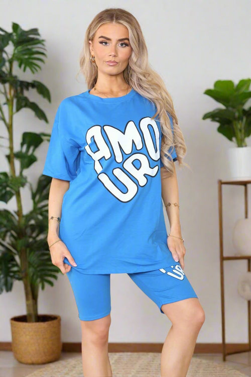 Amour Side Slit Cycling Short and T-Shirts Co-Ord Two Piece Set with Front Amour Slogan