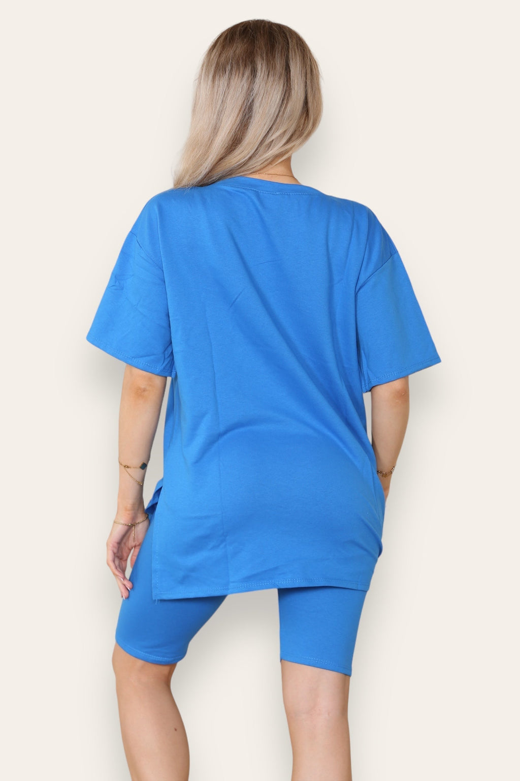 Cycling Short and T-Shirts Co-Ord Two Piece Side Slit Set with Front Printed Slogan