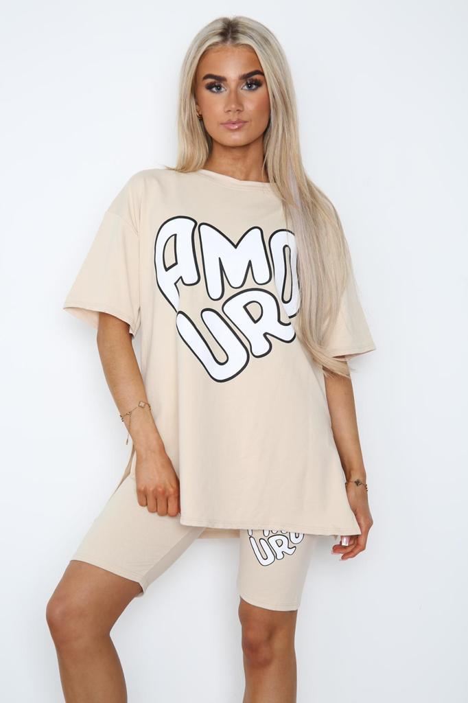 Amour Side Slit Cycling Short and T-Shirts Co-Ord Two Piece Set with Front Amour Slogan
