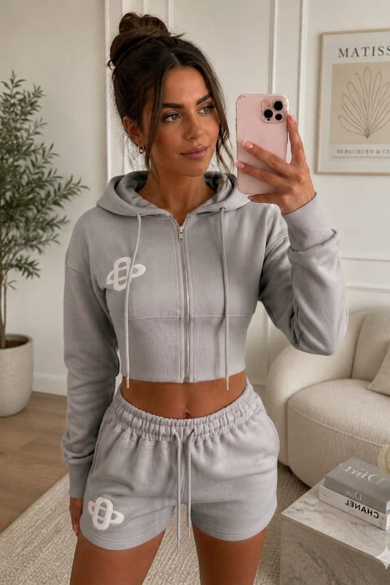 Embroidered Crop Zip Short Set