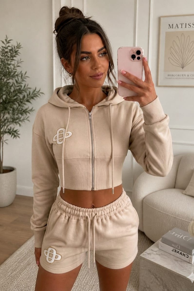 Embroidered Crop Zip Short Set