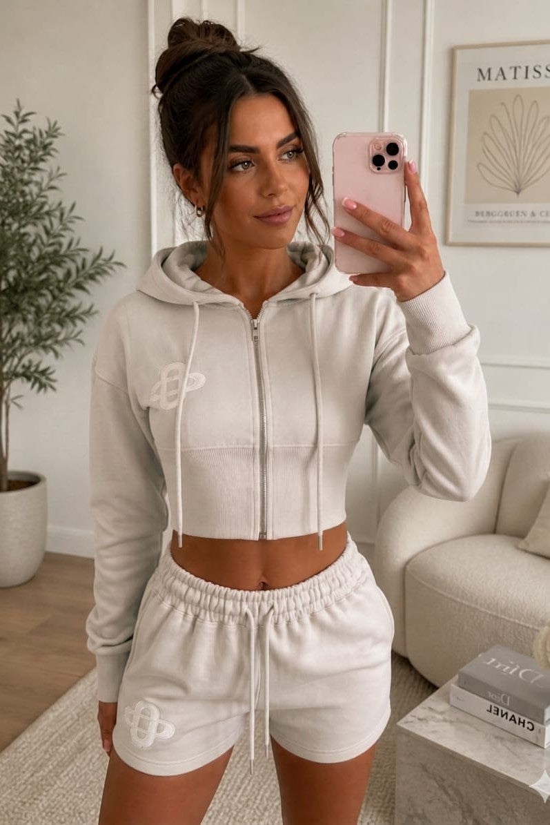 Embroidered Crop Zip Short Set