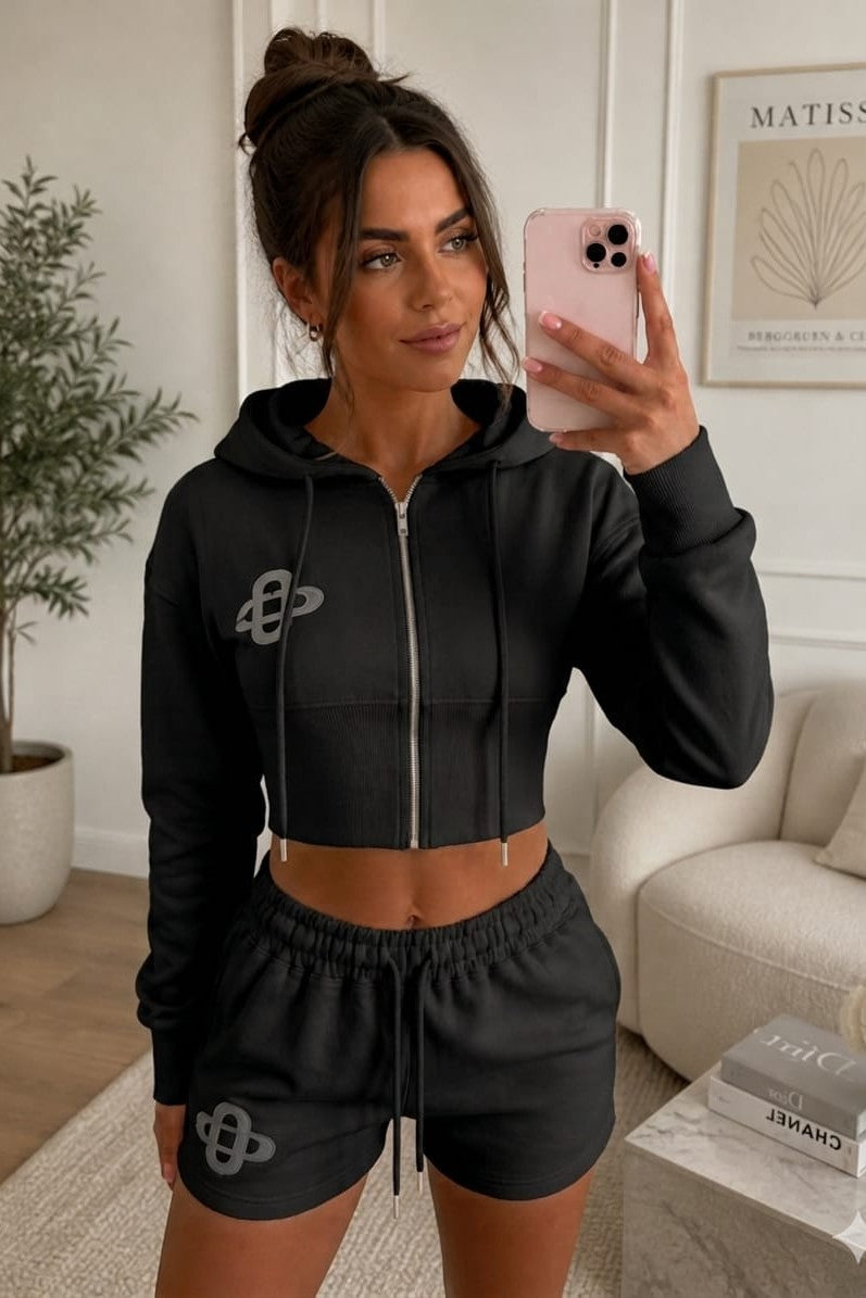 Embroidered Crop Zip Short Set