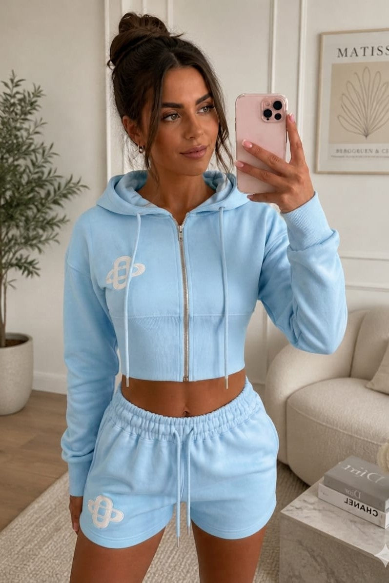 Embroidered Crop Zip Short Set