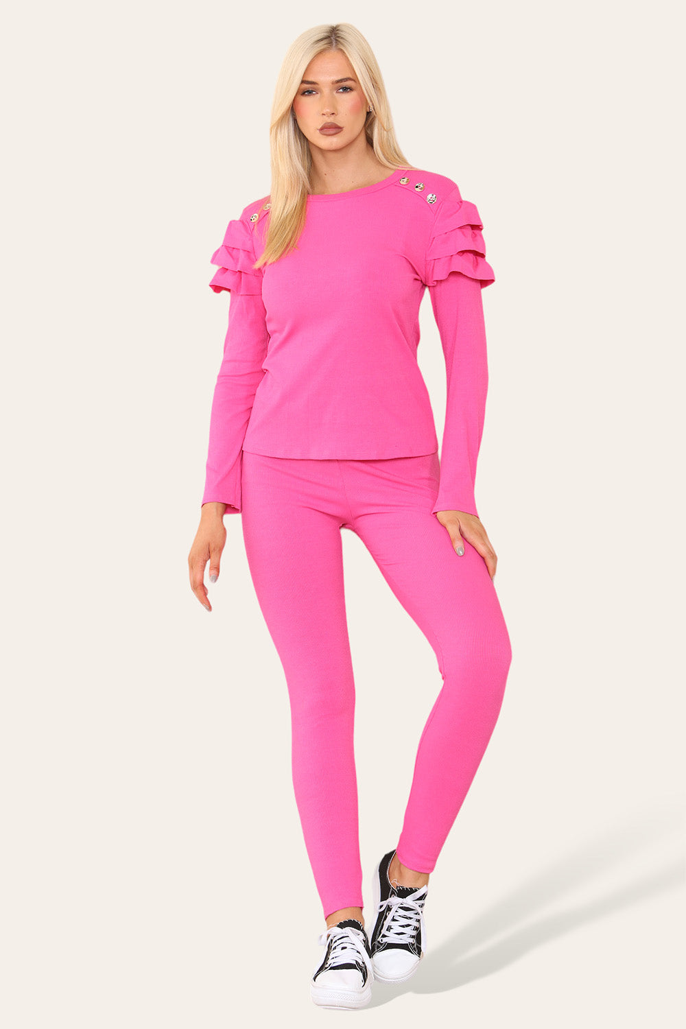 Frilled Sleeves Set Shoulder Golden Button Lounge Wear Suit