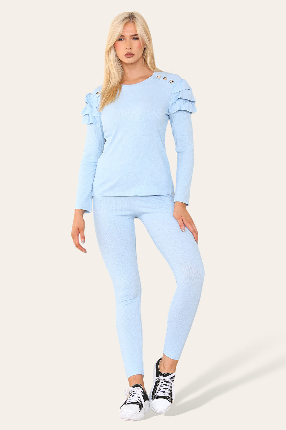 Frilled Sleeves Set Shoulder Golden Button Lounge Wear Suit