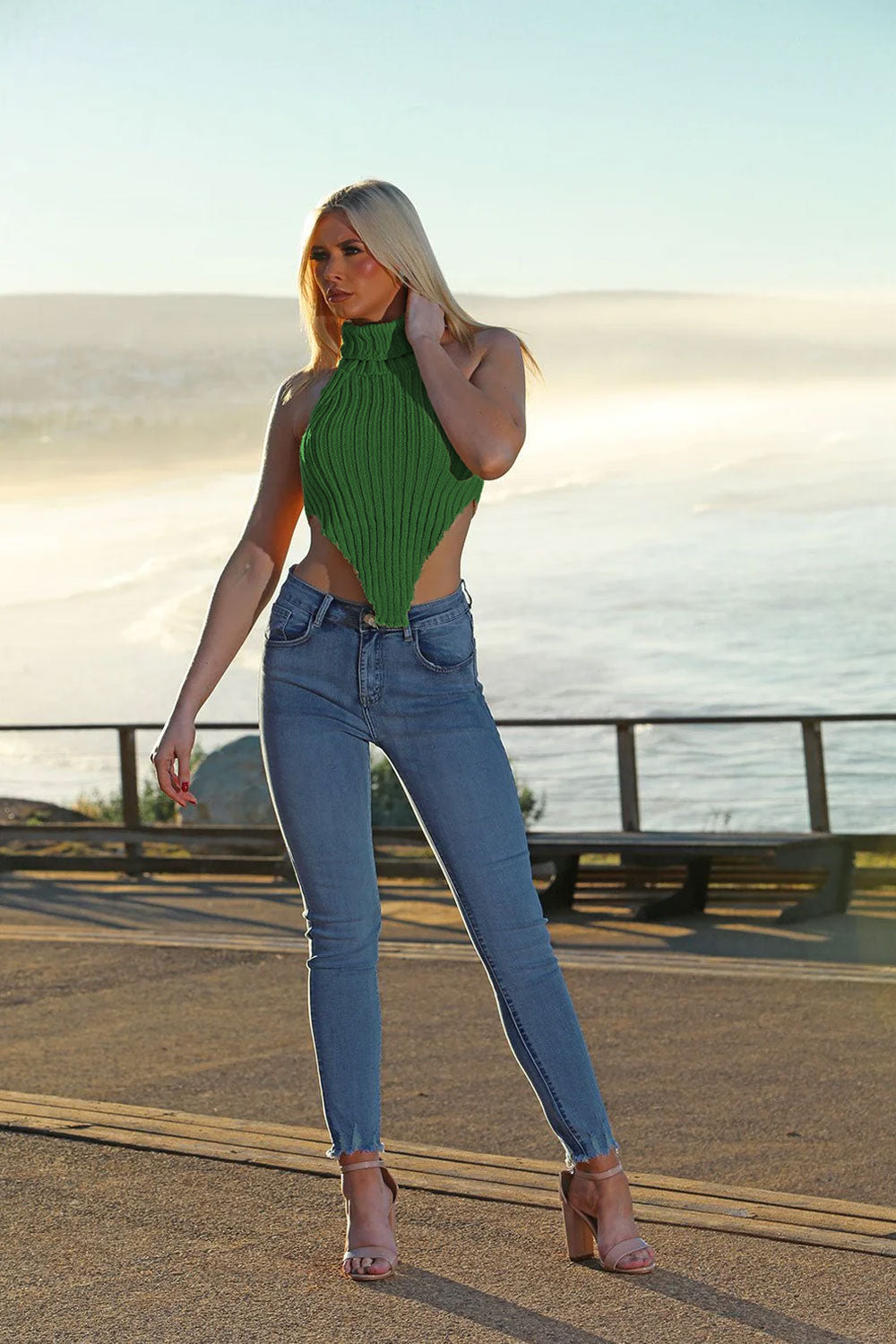 High Neck Roll Knitted Backless Front Cropped Top