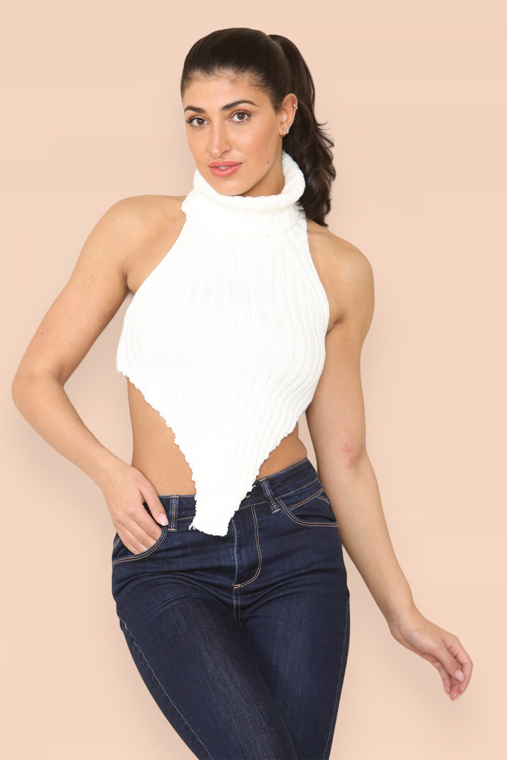 High Neck Roll Knitted Backless Front Cropped Top