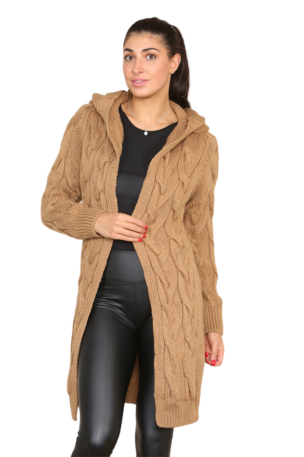 Knitted Cables Hooded Long Over Sized Cardigan