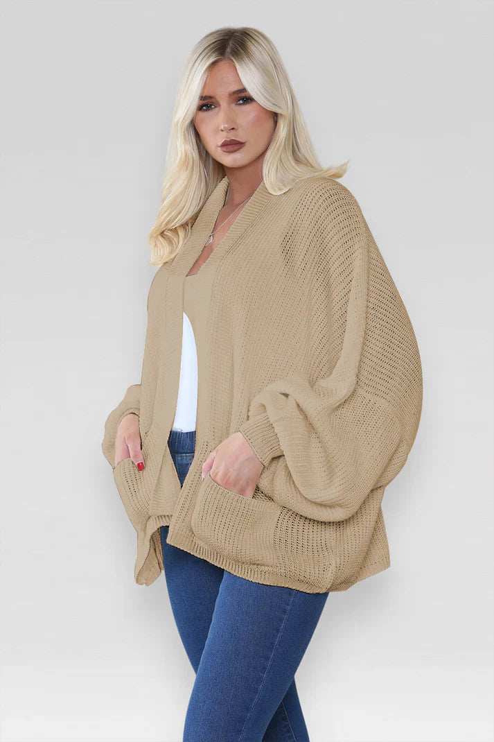 Ladies Oversized Cropped Short Balloon Pocket Chunky Knitted Cardigan