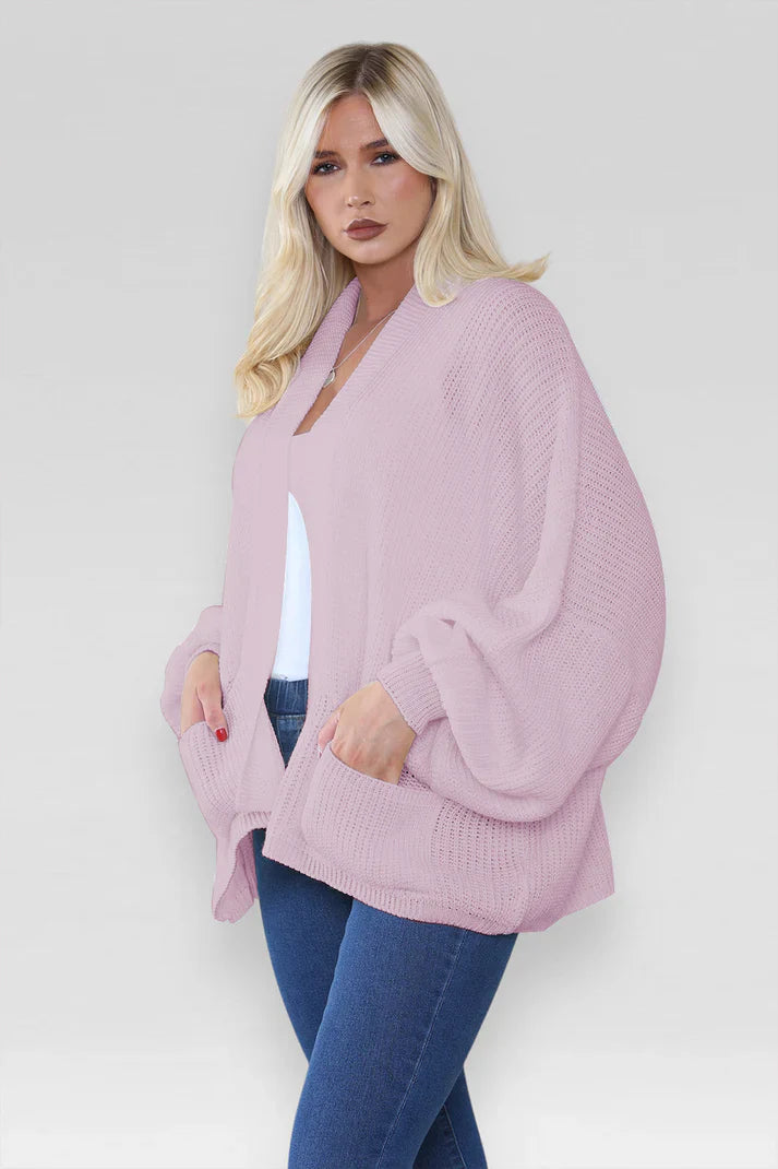Ladies Oversized Cropped Short Balloon Pocket Chunky Knitted Cardigan