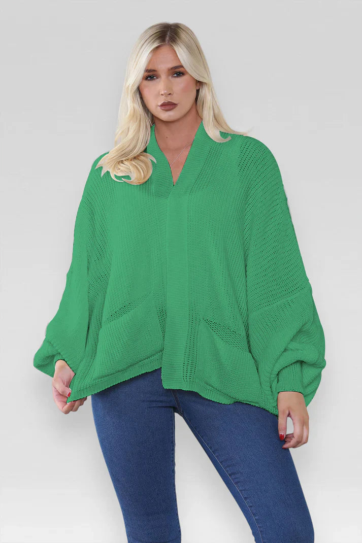 Ladies Oversized Cropped Short Balloon Pocket Chunky Knitted Cardigan