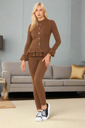 Long Sleeves Peplum Front Buttons Frilled Hem Lounge Wear Set