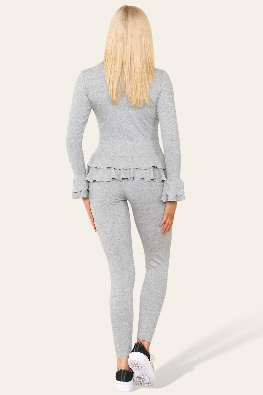 Long Sleeves Peplum Front Buttons Frilled Hem Lounge Wear Set