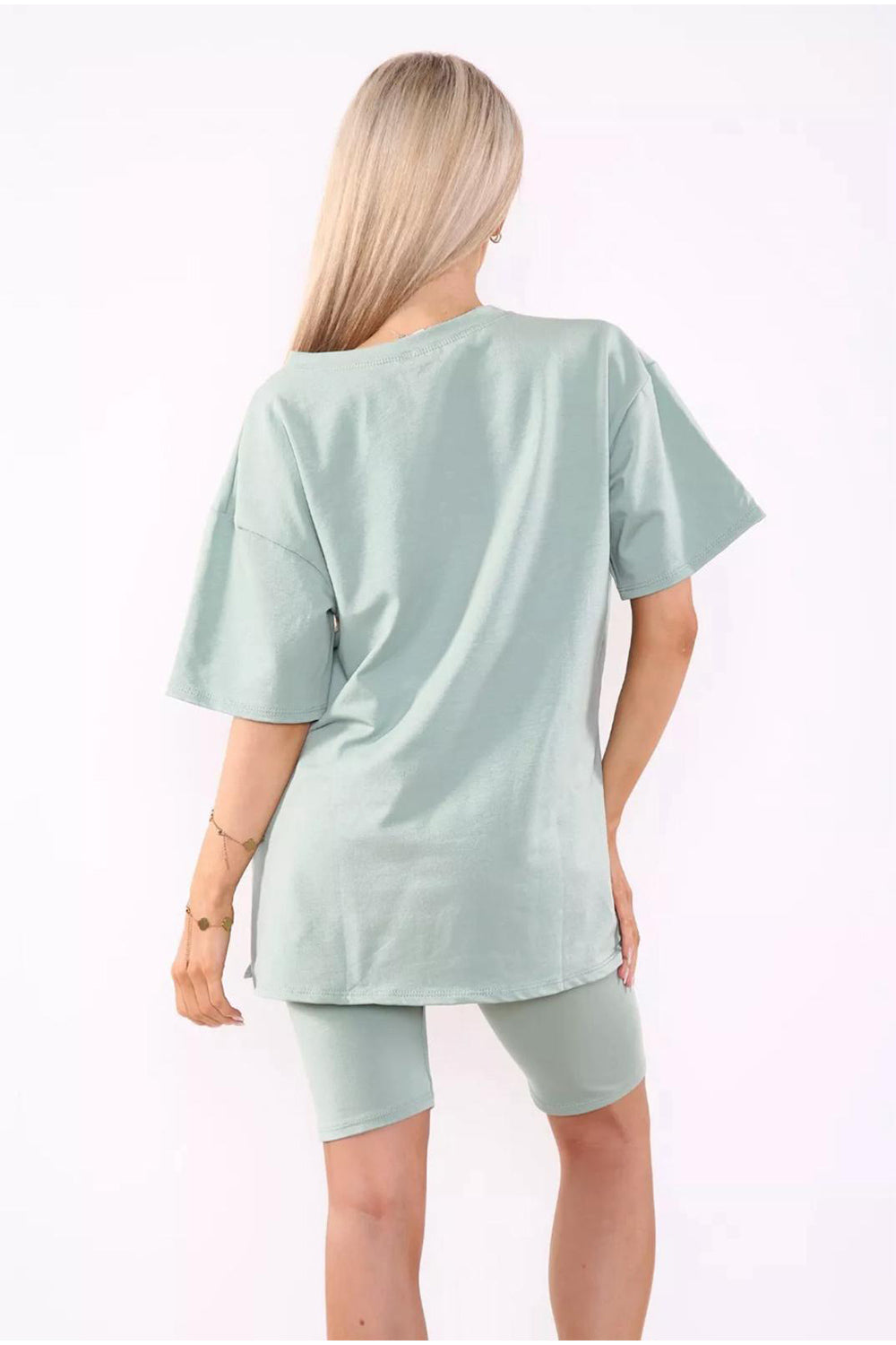 Cycling Short and T-Shirts Co-Ord Two Piece Side Slit Set with Front Printed Slogan