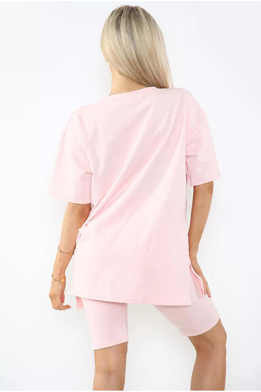 Cycling Short and T-Shirts Co-Ord Two Piece Side Slit Set with Front Printed Slogan