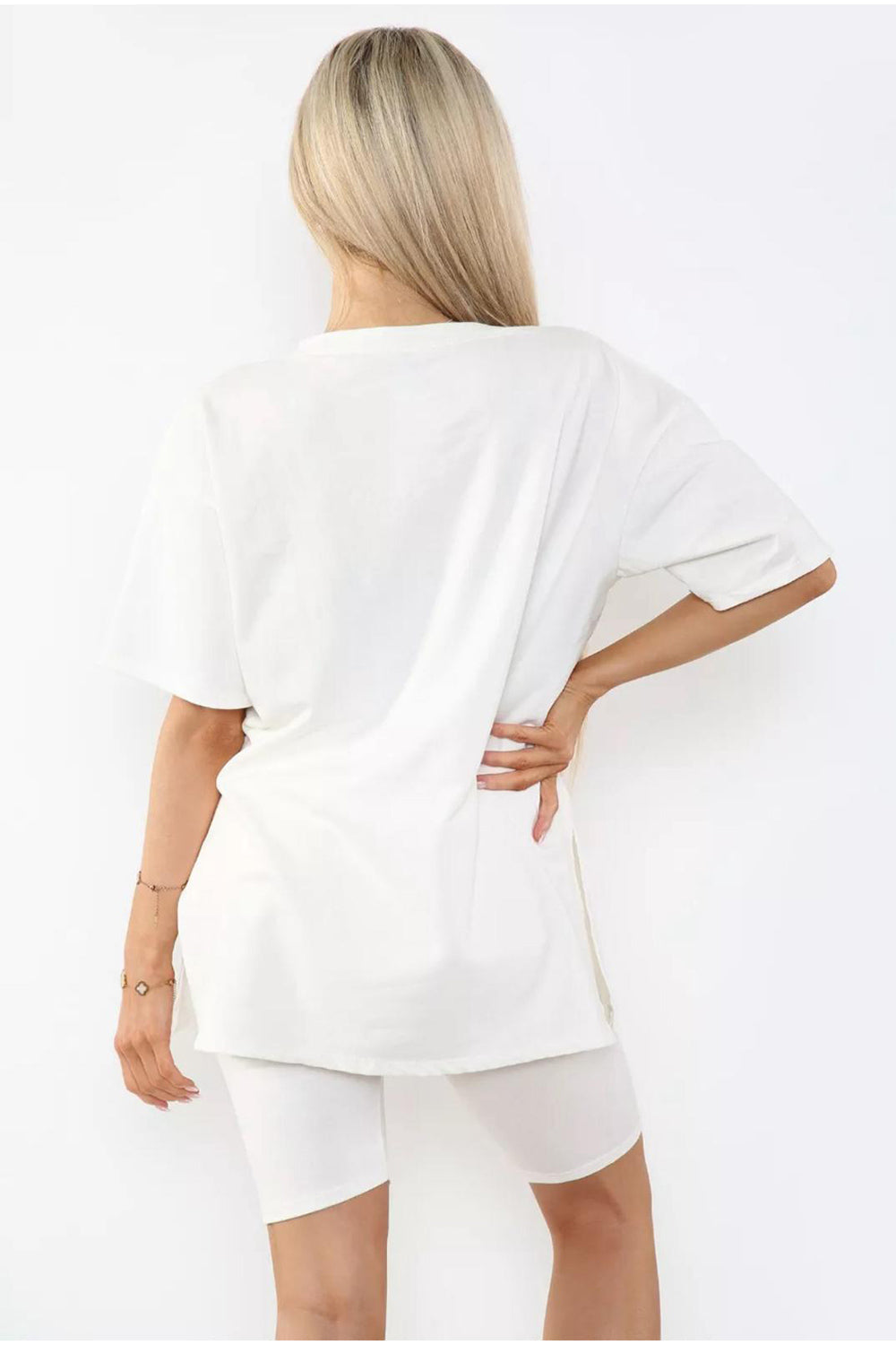 Cycling Short and T-Shirts Co-Ord Two Piece Side Slit Set with Front Printed Slogan