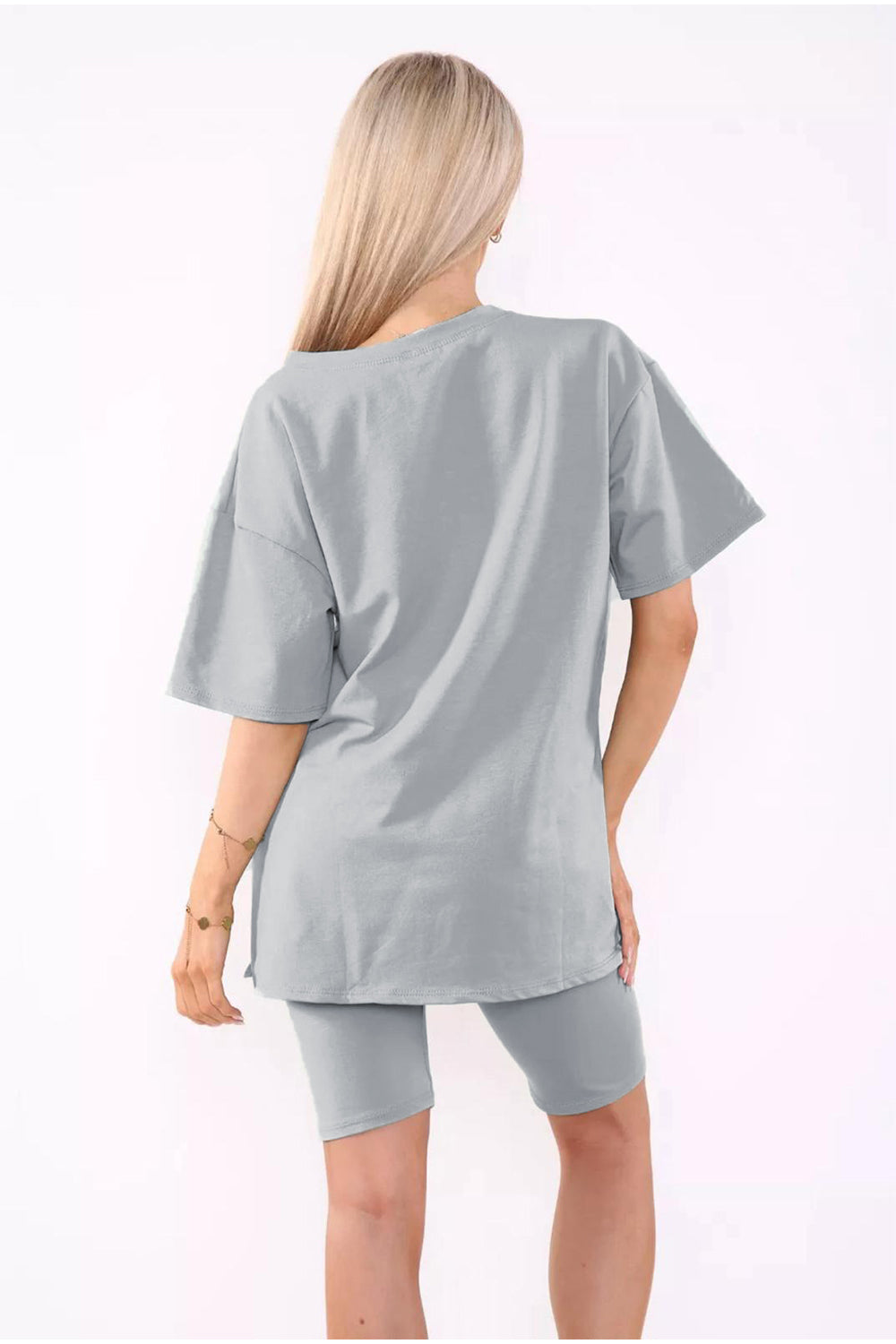 Cycling Short and T-Shirts Co-Ord Two Piece Side Slit Set with Front Printed Slogan