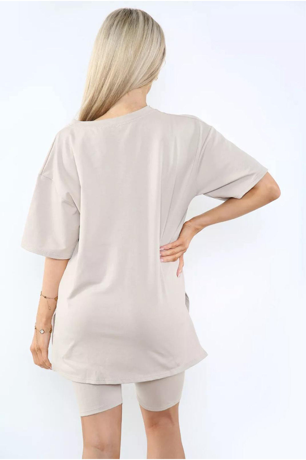Cycling Short and T-Shirts Co-Ord Two Piece Side Slit Set with Front Printed Slogan