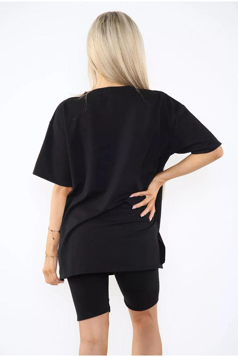 Cycling Short and T-Shirts Co-Ord Two Piece Side Slit Set with Front Printed Slogan