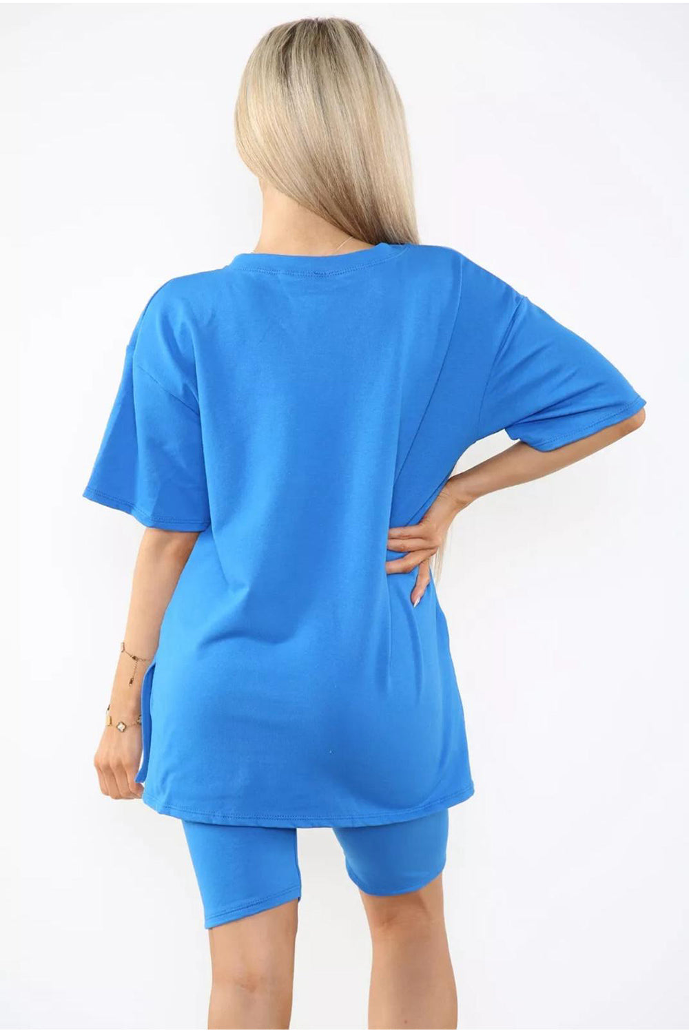 Cycling Short and T-Shirts Co-Ord Two Piece Side Slit Set with Front Printed Slogan