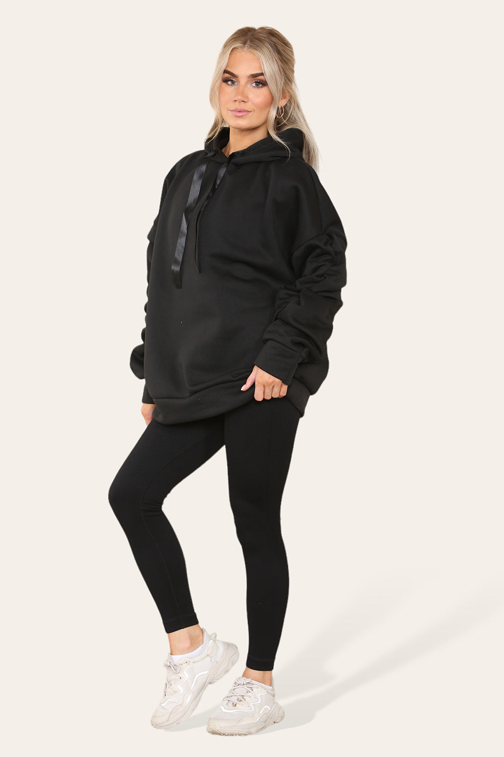 Oversized Ruched Sleeves Hoodie With Satin Ribbon with High Waist High Rise Seamless Ribbed Legging Set