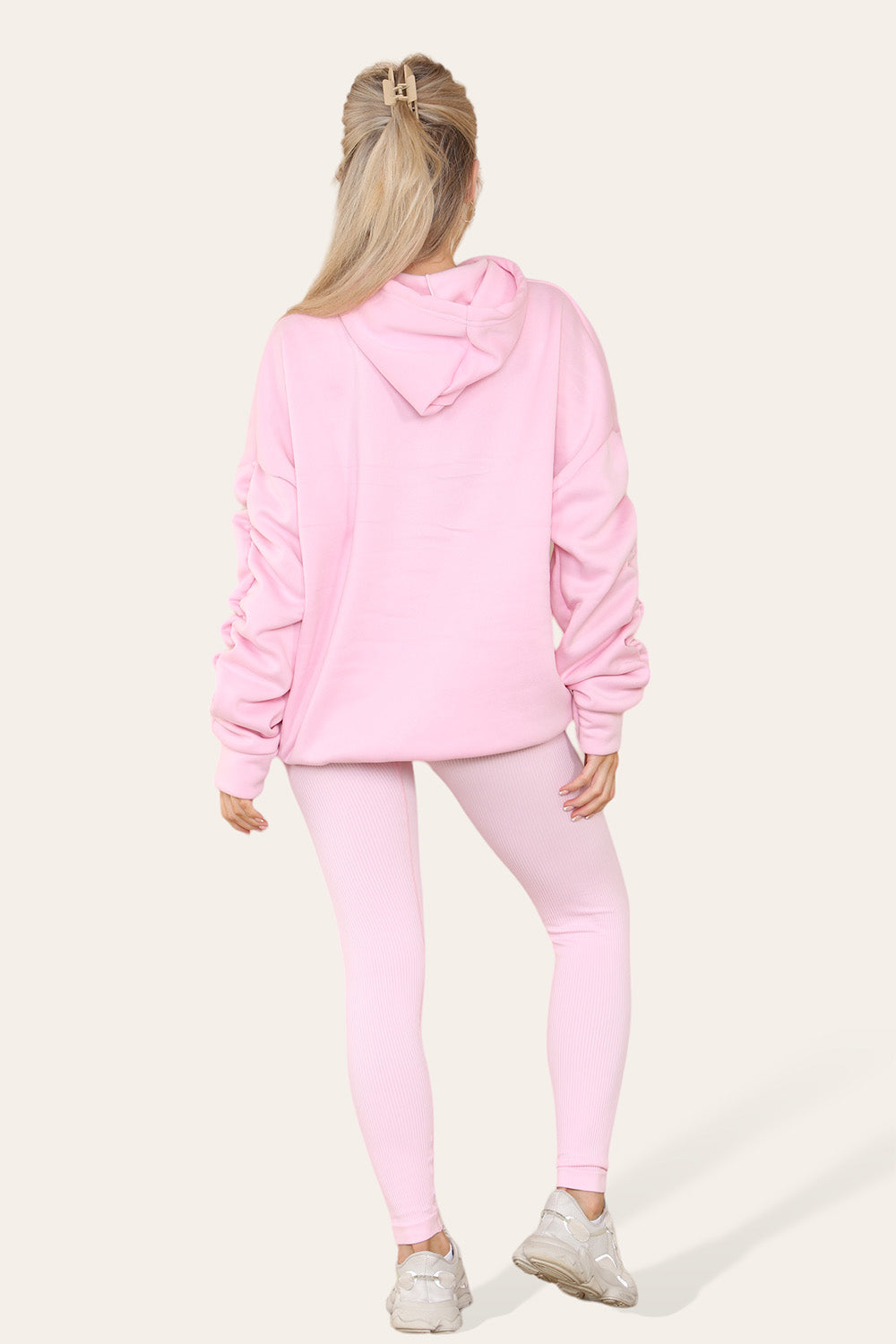 Oversized Ruched Sleeves Hoodie With Satin Ribbon with High Waist High Rise Seamless Ribbed Legging Set