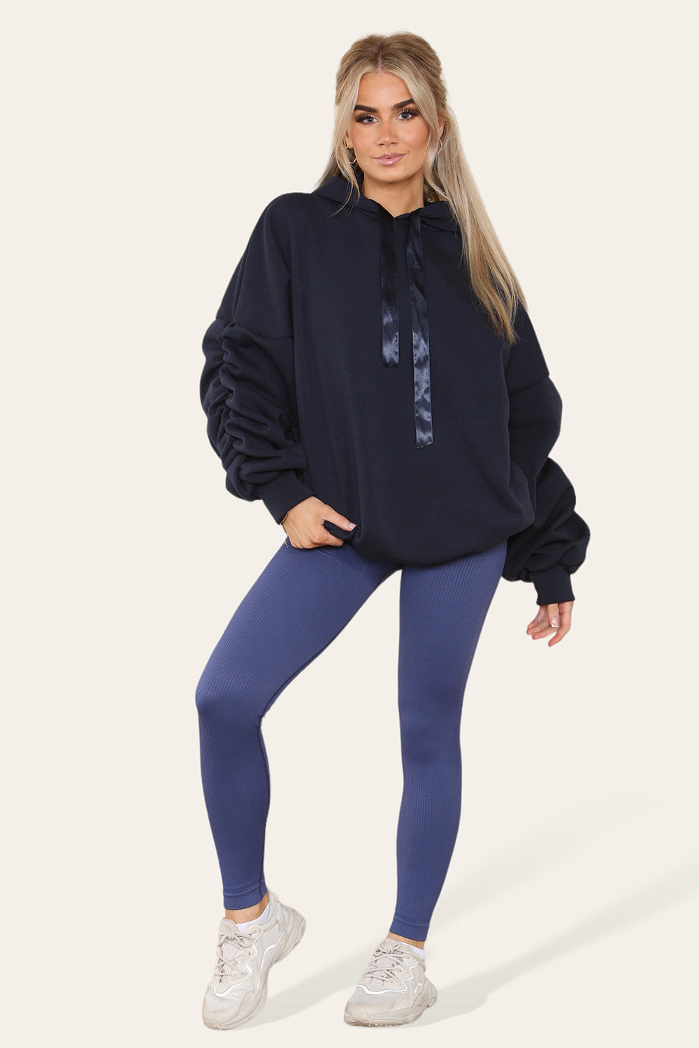 Oversized Ruched Sleeves Hoodie With Satin Ribbon with High Waist High Rise Seamless Ribbed Legging Set