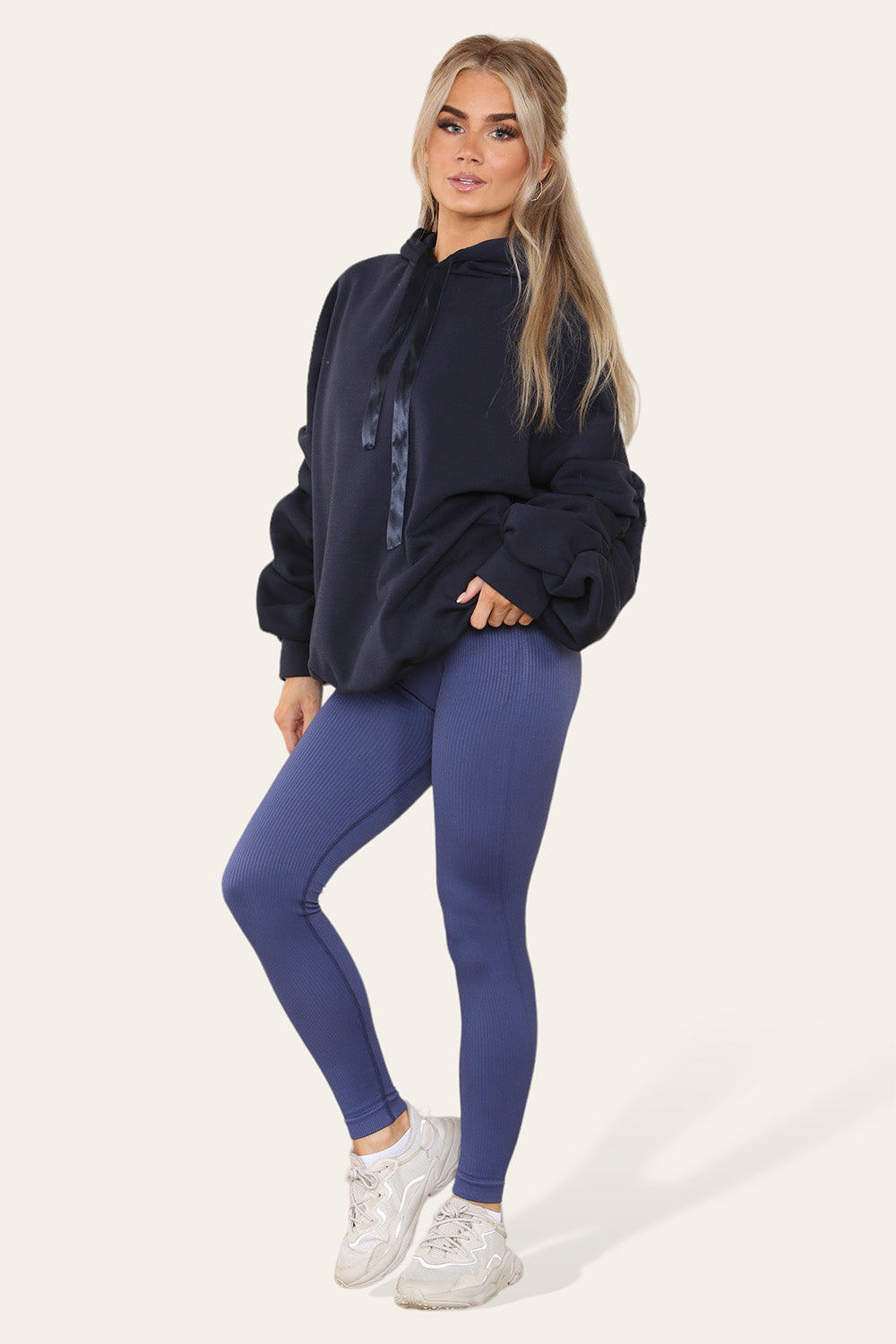 Oversized Ruched Sleeves Hoodie With Satin Ribbon with High Waist High Rise Seamless Ribbed Legging Set