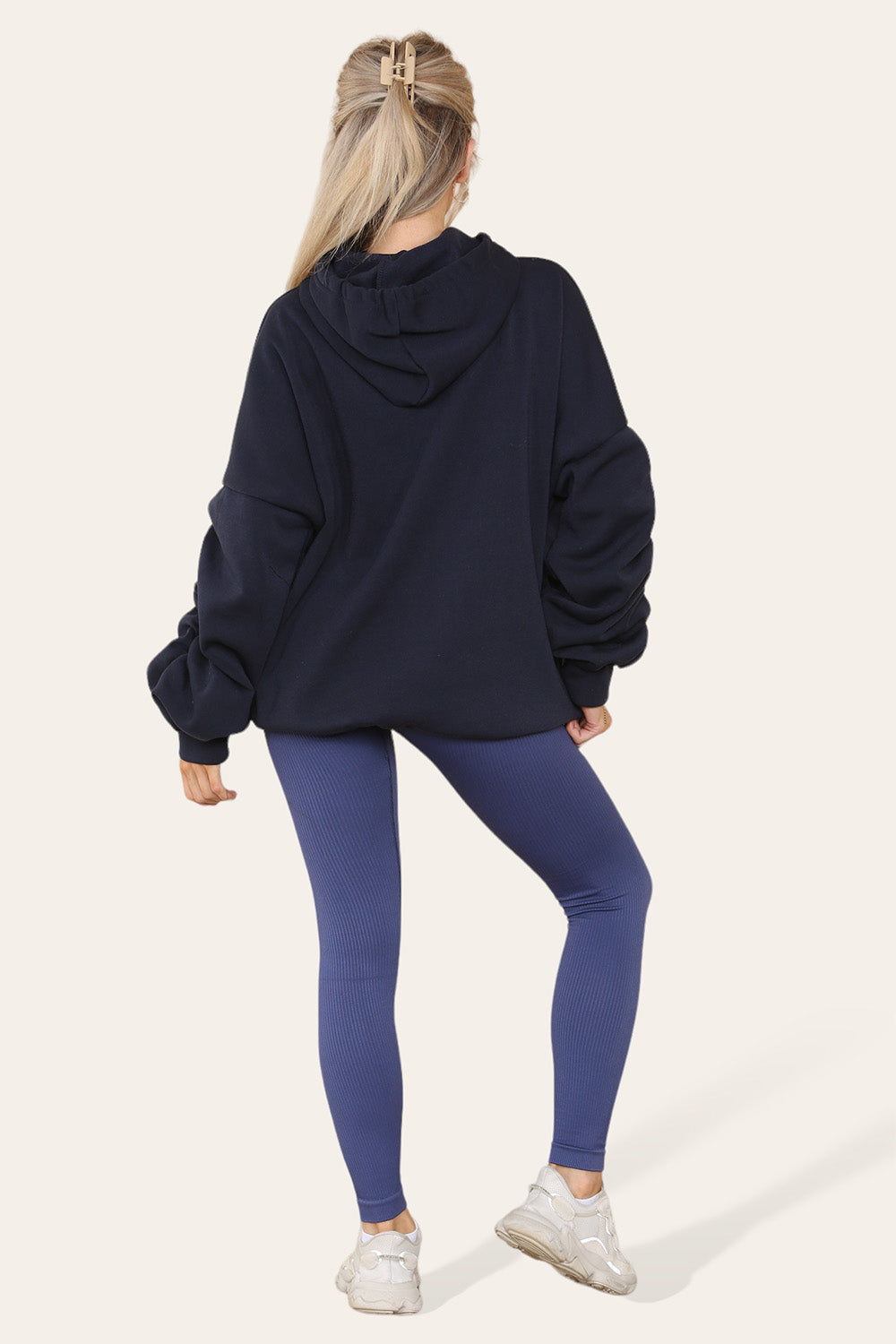 Oversized Ruched Sleeves Hoodie With Satin Ribbon with High Waist High Rise Seamless Ribbed Legging Set