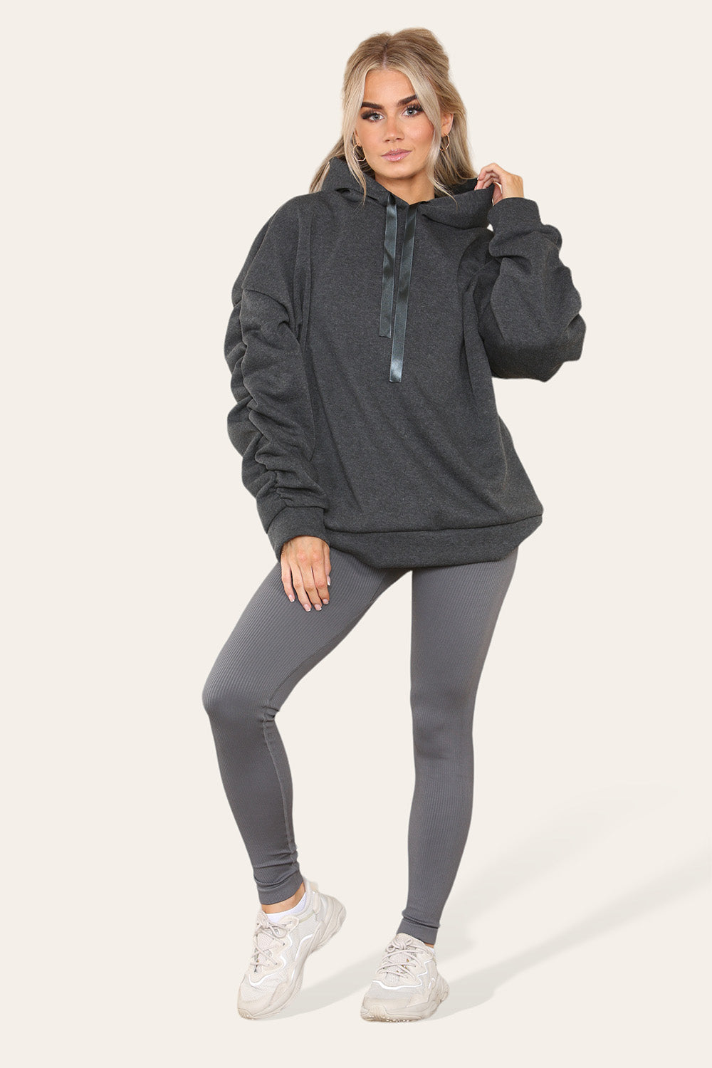 Plus Size Ruched Sleeves Hoodie With Satin Ribbon Legging Set