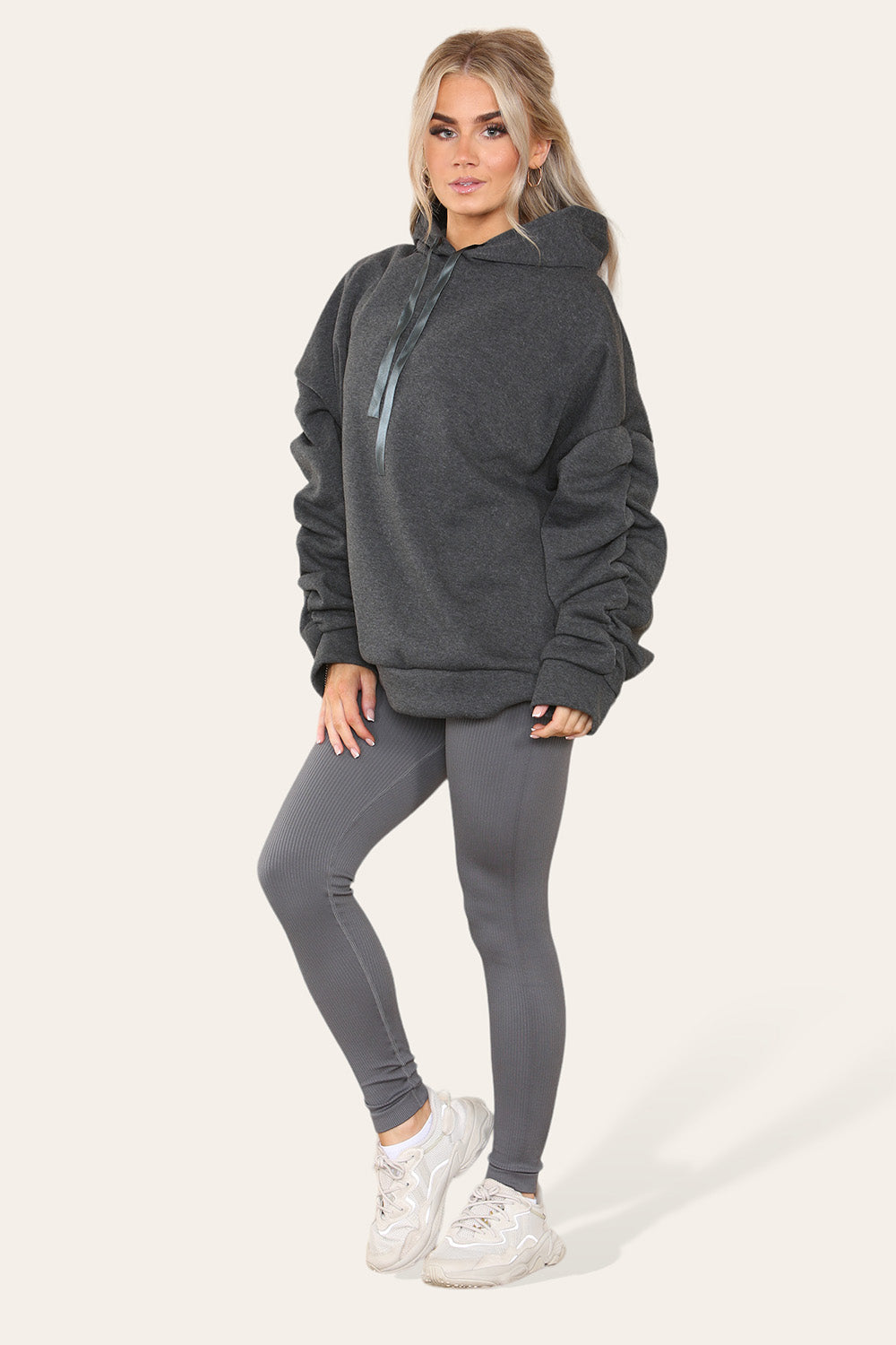 Plus Size Ruched Sleeves Hoodie With Satin Ribbon Legging Set