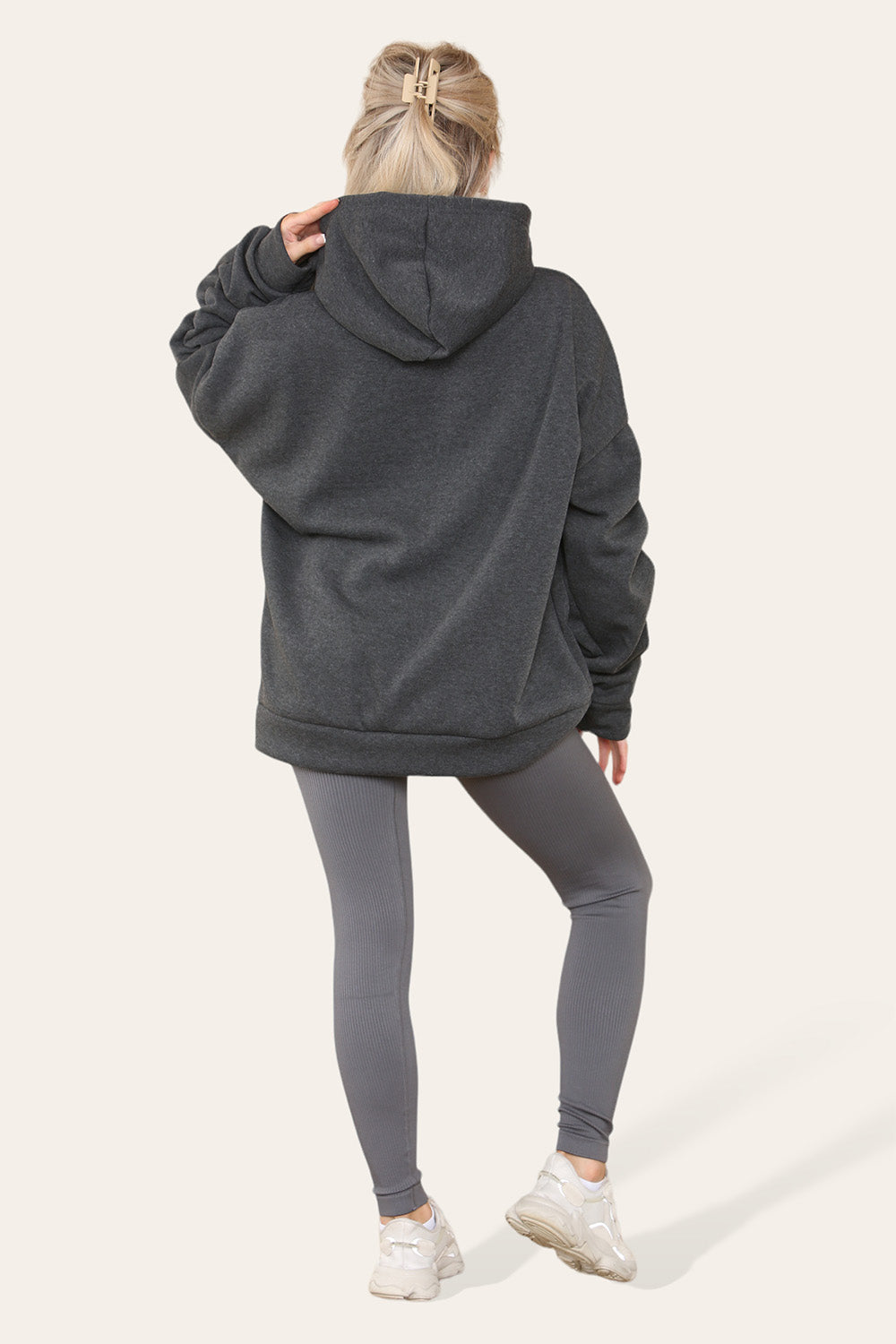 Oversized Ruched Sleeves Hoodie With Satin Ribbon with High Waist High Rise Seamless Ribbed Legging Set