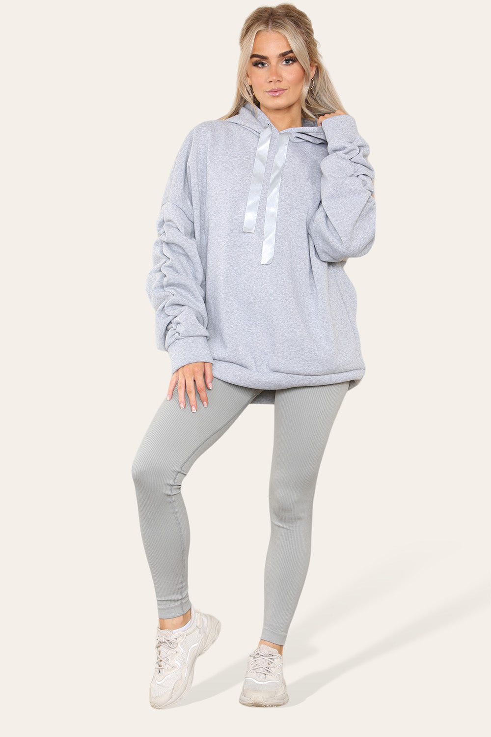 Plus Size Ruched Sleeves Hoodie With Satin Ribbon Legging Set
