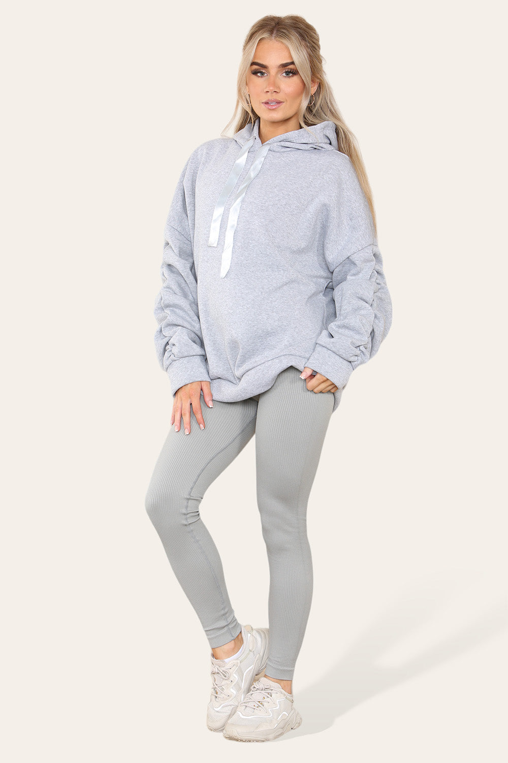 Plus Size Ruched Sleeves Hoodie With Satin Ribbon Legging Set