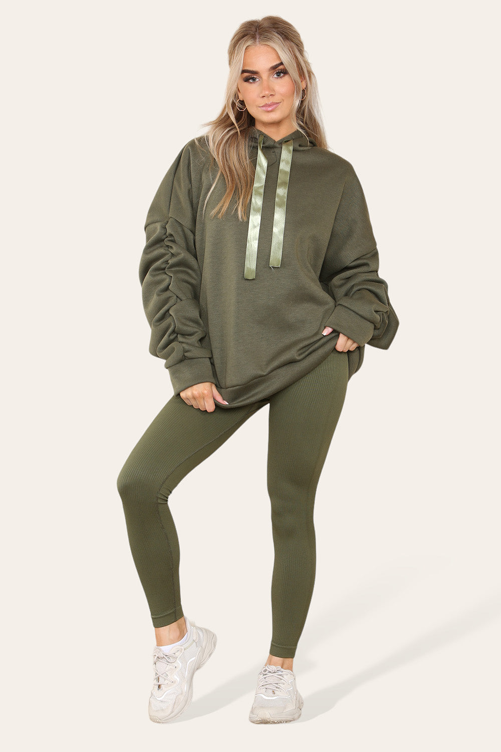 Oversized Ruched Sleeves Hoodie With Satin Ribbon with High Waist High Rise Seamless Ribbed Legging Set