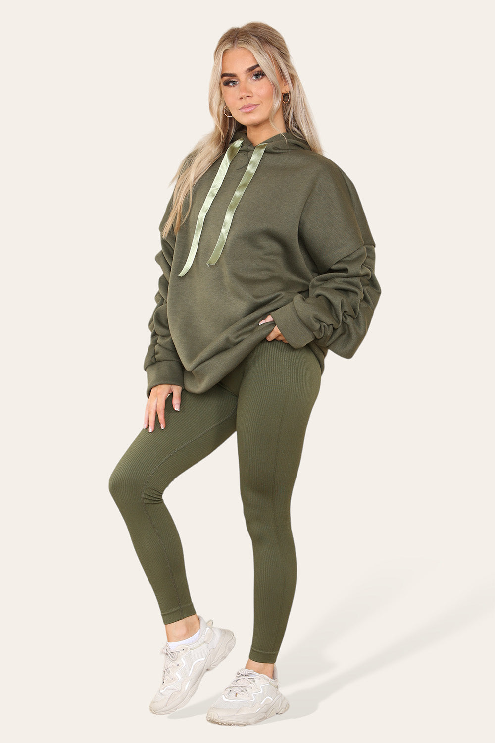 Oversized Ruched Sleeves Hoodie With Satin Ribbon with High Waist High Rise Seamless Ribbed Legging Set