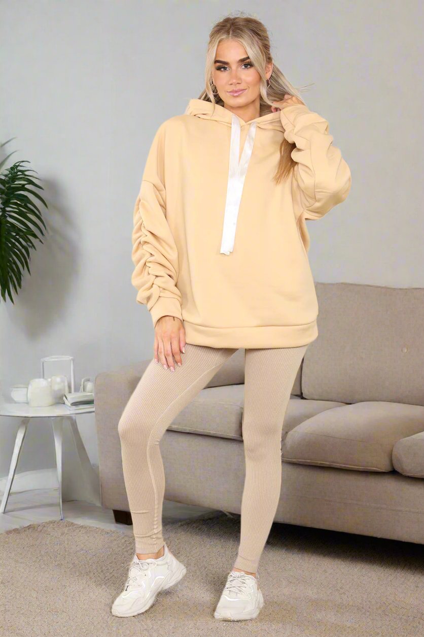 Oversized Ruched Sleeves Hoodie With Satin Ribbon with High Waist High Rise Seamless Ribbed Legging Set
