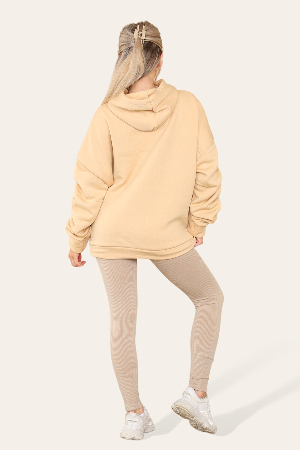 Oversized Ruched Sleeves Hoodie With Satin Ribbon with High Waist High Rise Seamless Ribbed Legging Set