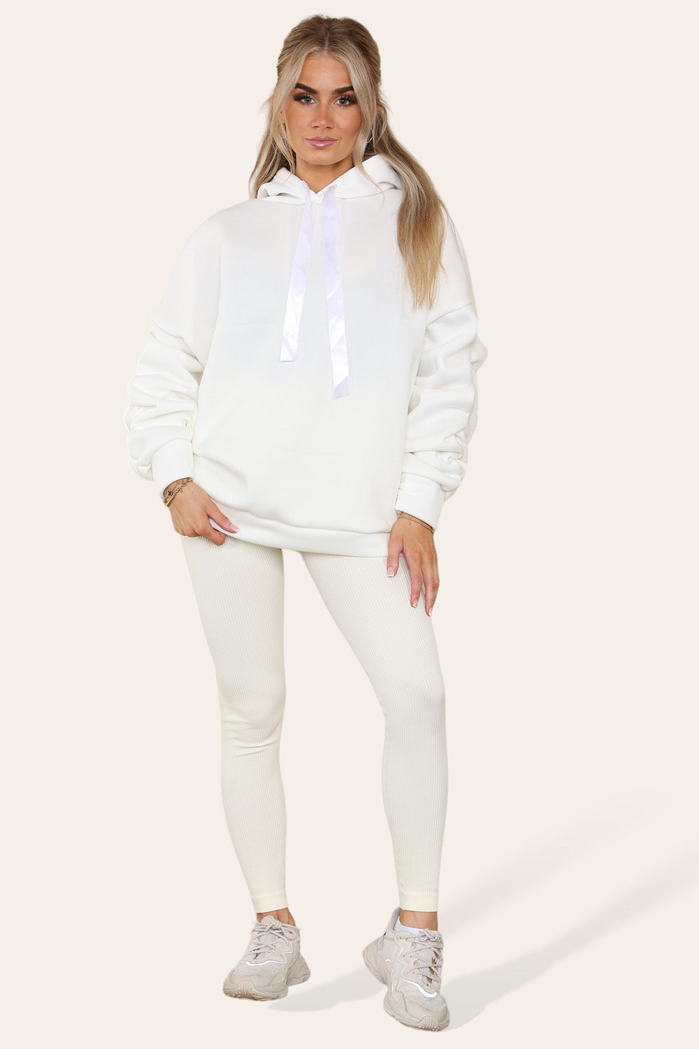 Oversized Ruched Sleeves Hoodie With Satin Ribbon with High Waist High Rise Seamless Ribbed Legging Set