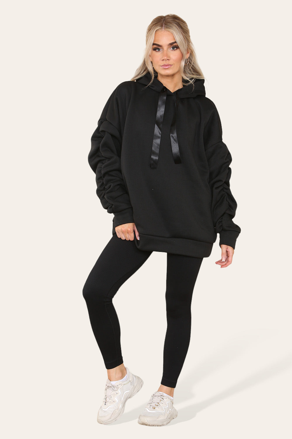 Oversized Ruched Sleeves Hoodie With Satin Ribbon with High Waist High Rise Seamless Ribbed Legging Set