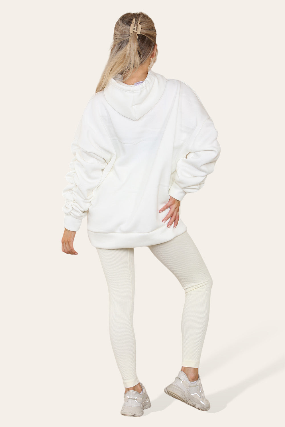 Oversized Ruched Sleeves Hoodie With Satin Ribbon with High Waist High Rise Seamless Ribbed Legging Set