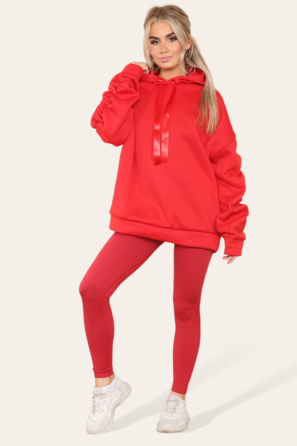 Oversized Ruched Sleeves Hoodie With Satin Ribbon with High Waist High Rise Seamless Ribbed Legging Set