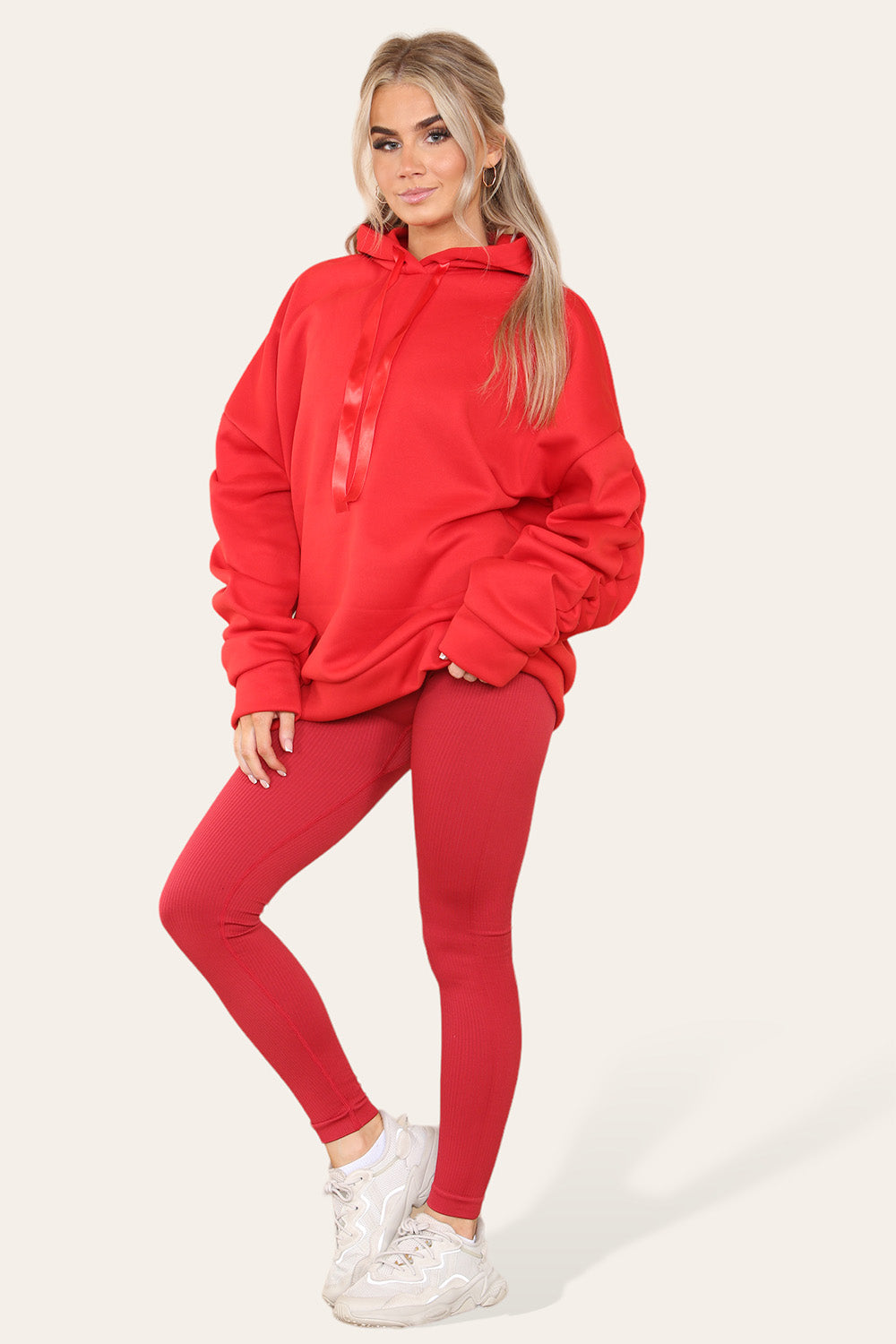 Oversized Ruched Sleeves Hoodie With Satin Ribbon with High Waist High Rise Seamless Ribbed Legging Set