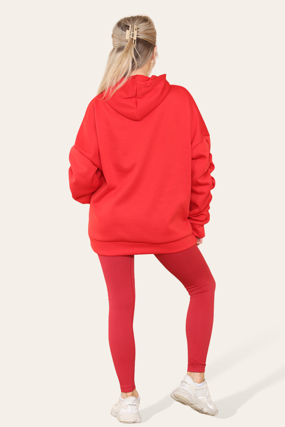 Oversized Ruched Sleeves Hoodie With Satin Ribbon with High Waist High Rise Seamless Ribbed Legging Set