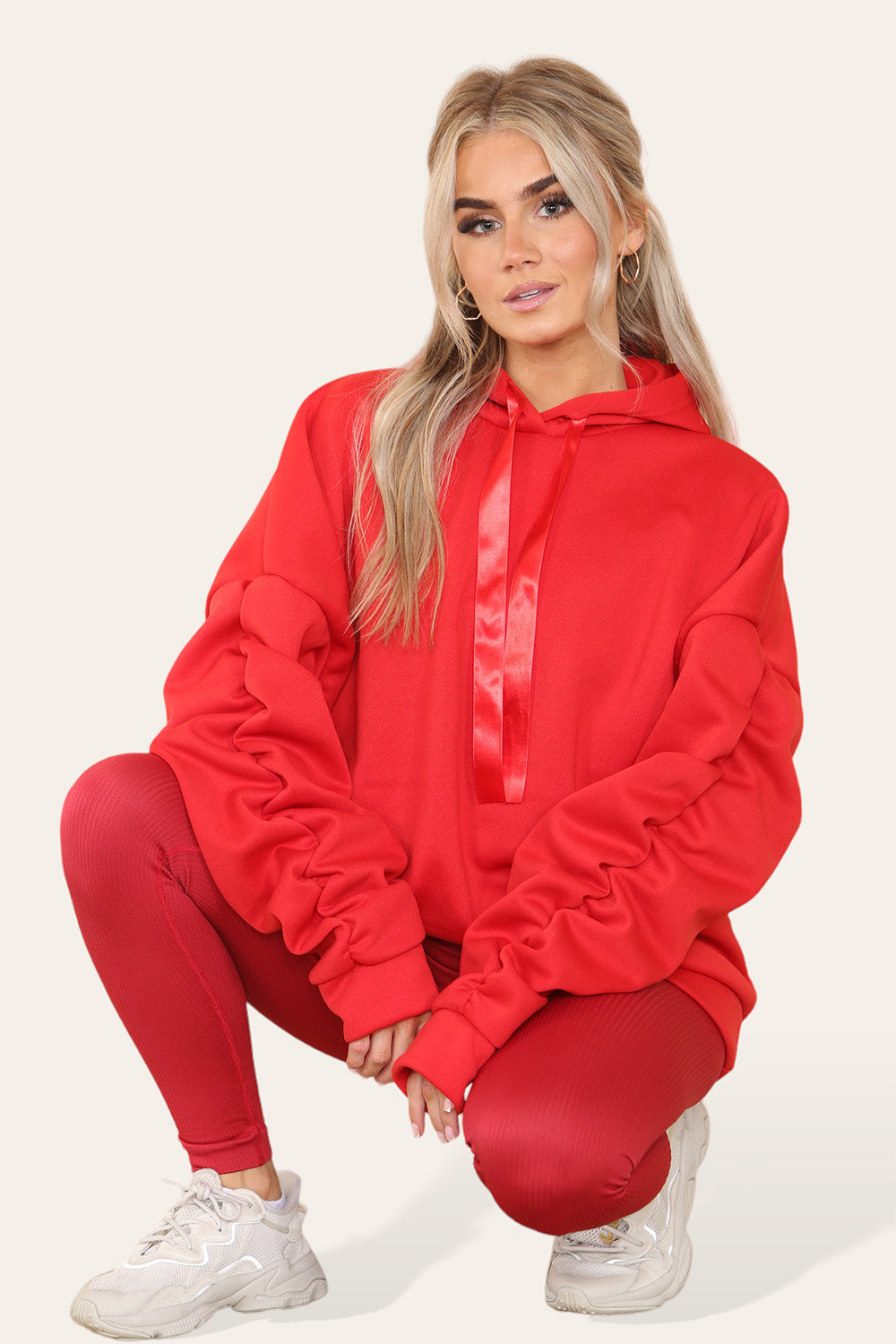 Plus Size Ruched Sleeves Hoodie With Satin Ribbon Legging Set
